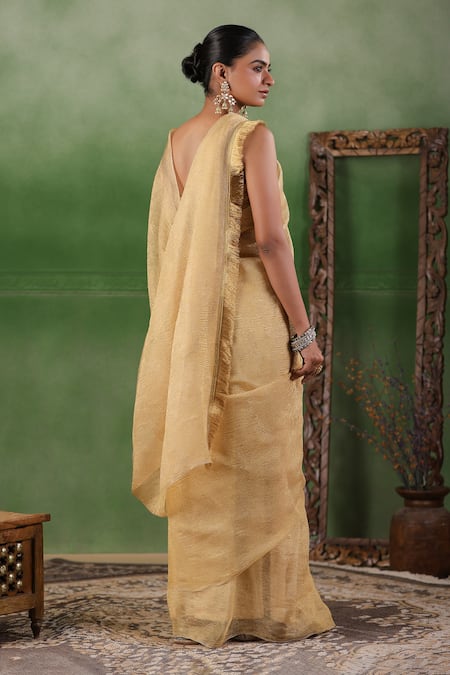 Geroo Jaipur Beige Tissue Zari Crushed Shimmer Finish Saree With Unstitched Blouse Piece Online at Aza Fashions Geroo Jaipur_Beige Tissue Zari Crushed Shimmer Finish Saree With Unstitched Blouse Piece _Online_at_Aza_Fashions