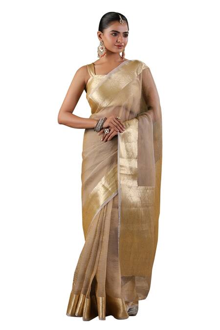 Geroo Jaipur Beige Tissue Zari Floral Border Saree With Unstitched Blouse Piece Online at Aza Fashions Geroo Jaipur_Beige Tissue Zari Floral Border Saree With Unstitched Blouse Piece_Online_at_Aza_Fashions