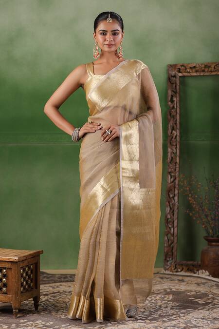 Shop Geroo Jaipur Beige Tissue Zari Floral Border Saree With Unstitched Blouse Piece Online at Aza Fashions Shop_Geroo Jaipur_Beige Tissue Zari Floral Border Saree With Unstitched Blouse Piece_Online_at_Aza_Fashions