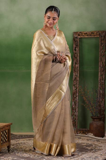 Buy Geroo Jaipur Beige Tissue Zari Floral Border Saree With Unstitched Blouse Piece Buy_Geroo Jaipur_Beige Tissue Zari Floral Border Saree With Unstitched Blouse Piece