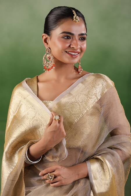 Shop Geroo Jaipur Beige Tissue Zari Floral Border Saree With Unstitched Blouse Piece Shop_Geroo Jaipur_Beige Tissue Zari Floral Border Saree With Unstitched Blouse Piece