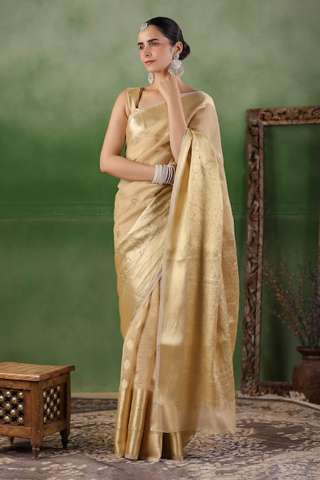 Geroo Jaipur Beige Tissue Zari Butti Floral Pattern Saree With Unstitched Blouse Piece 