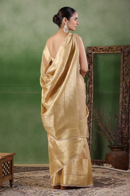 Geroo Jaipur Beige Tissue Embroidery Floral Butti Pattern Saree With Unstitched Blouse Piece Online at Aza Fashions Geroo Jaipur_Beige Tissue Embroidery Floral Butti Pattern Saree With Unstitched Blouse Piece _Online_at_Aza_Fashions