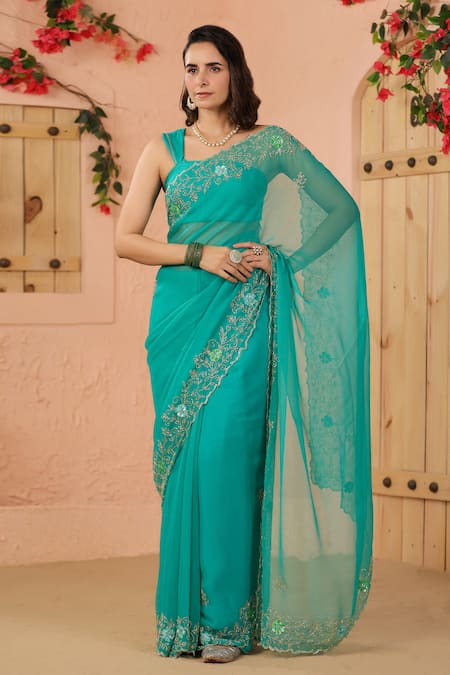 Geroo Jaipur Flower Embroidered Border Saree With Unstitched Blouse Piece 