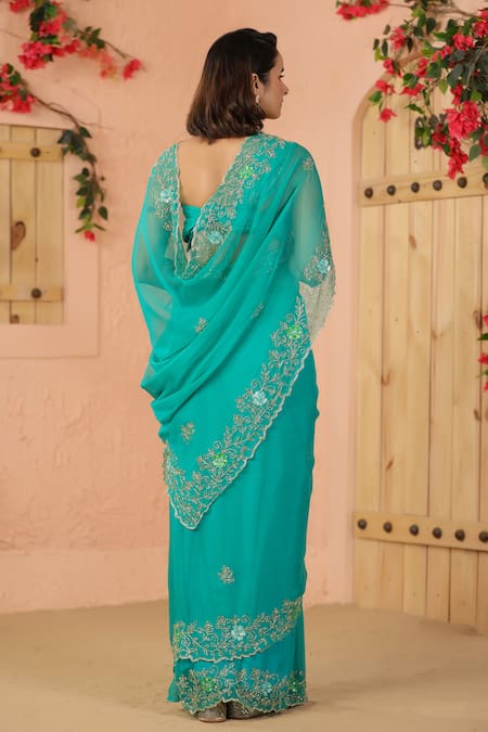Shop Geroo Jaipur Green Chiffon Sequins, Flower Border Saree With Unstitched Blouse Piece at Aza Fashions Shop_Geroo Jaipur_Green Chiffon Sequins, Flower Border Saree With Unstitched Blouse Piece _at_Aza_Fashions