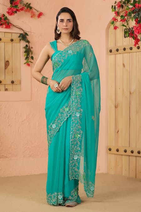 Geroo Jaipur Green Chiffon Sequins, Flower Border Saree With Unstitched Blouse Piece Online at Aza Fashions Geroo Jaipur_Green Chiffon Sequins, Flower Border Saree With Unstitched Blouse Piece _Online_at_Aza_Fashions