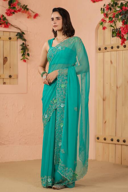 Shop Geroo Jaipur Green Chiffon Sequins, Flower Border Saree With Unstitched Blouse Piece Online at Aza Fashions Shop_Geroo Jaipur_Green Chiffon Sequins, Flower Border Saree With Unstitched Blouse Piece _Online_at_Aza_Fashions