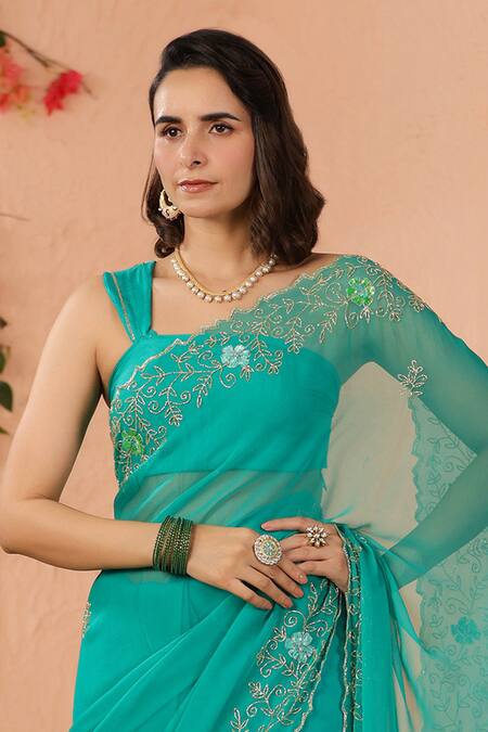 Geroo Jaipur_Green Chiffon Sequins, Flower Border Saree With Unstitched Blouse Piece _at_Aza_Fashions