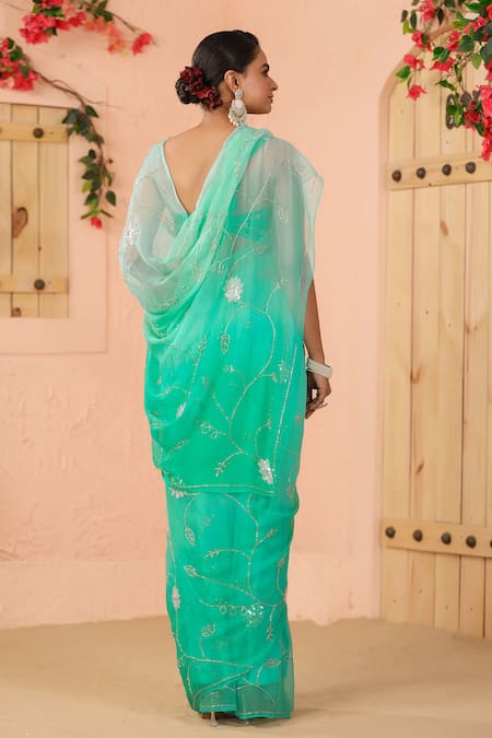 Shop Geroo Jaipur Blue Chiffon Sequins, Flower Embroidered Saree With Unstitched Blouse Piece at Aza Fashions Shop_Geroo Jaipur_Blue Chiffon Sequins, Flower Embroidered Saree With Unstitched Blouse Piece _at_Aza_Fashions