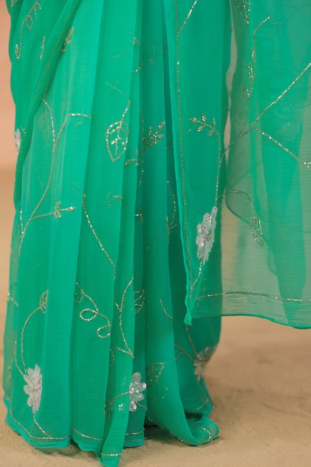 Geroo Jaipur Blue Chiffon Sequins, Flower Embroidered Saree With Unstitched Blouse Piece Online at Aza Fashions Geroo Jaipur_Blue Chiffon Sequins, Flower Embroidered Saree With Unstitched Blouse Piece _Online_at_Aza_Fashions