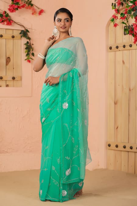 Buy Geroo Jaipur Blue Chiffon Sequins, Flower Embroidered Saree With Unstitched Blouse Piece Online at Aza Fashions Buy_Geroo Jaipur_Blue Chiffon Sequins, Flower Embroidered Saree With Unstitched Blouse Piece _Online_at_Aza_Fashions