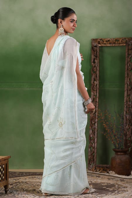 Shop Geroo Jaipur Blue Chiffon Sequins Flower Aari Embroidered Saree With Unstitched Blouse Piece at Aza Fashions Shop_Geroo Jaipur_Blue Chiffon Sequins Flower Aari Embroidered Saree With Unstitched Blouse Piece _at_Aza_Fashions