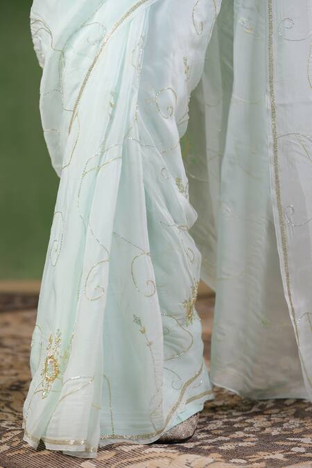 Geroo Jaipur Blue Chiffon Sequins Flower Aari Embroidered Saree With Unstitched Blouse Piece Online at Aza Fashions Geroo Jaipur_Blue Chiffon Sequins Flower Aari Embroidered Saree With Unstitched Blouse Piece _Online_at_Aza_Fashions