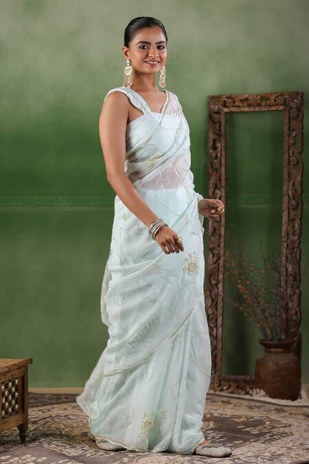 Buy Geroo Jaipur Blue Chiffon Sequins Flower Aari Embroidered Saree With Unstitched Blouse Piece Online at Aza Fashions Buy_Geroo Jaipur_Blue Chiffon Sequins Flower Aari Embroidered Saree With Unstitched Blouse Piece _Online_at_Aza_Fashions