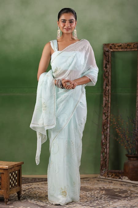 Shop Geroo Jaipur Blue Chiffon Sequins Flower Aari Embroidered Saree With Unstitched Blouse Piece Online at Aza Fashions Shop_Geroo Jaipur_Blue Chiffon Sequins Flower Aari Embroidered Saree With Unstitched Blouse Piece _Online_at_Aza_Fashions