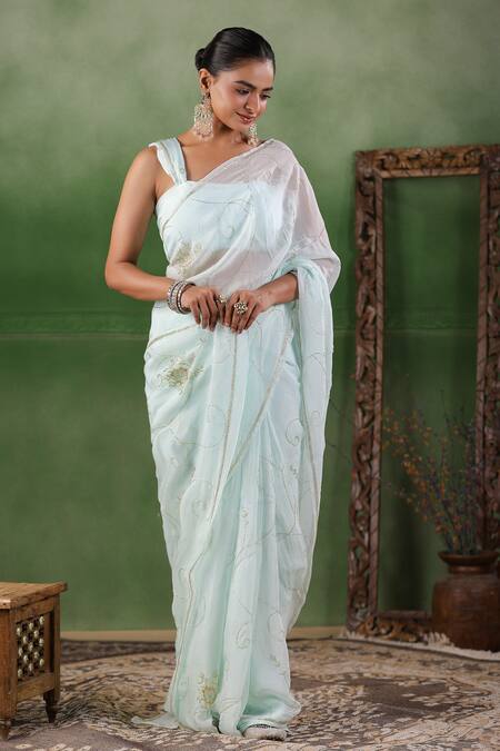 Geroo Jaipur Blue Chiffon Sequins Flower Aari Embroidered Saree With Unstitched Blouse Piece at Aza Fashions Geroo Jaipur_Blue Chiffon Sequins Flower Aari Embroidered Saree With Unstitched Blouse Piece _at_Aza_Fashions