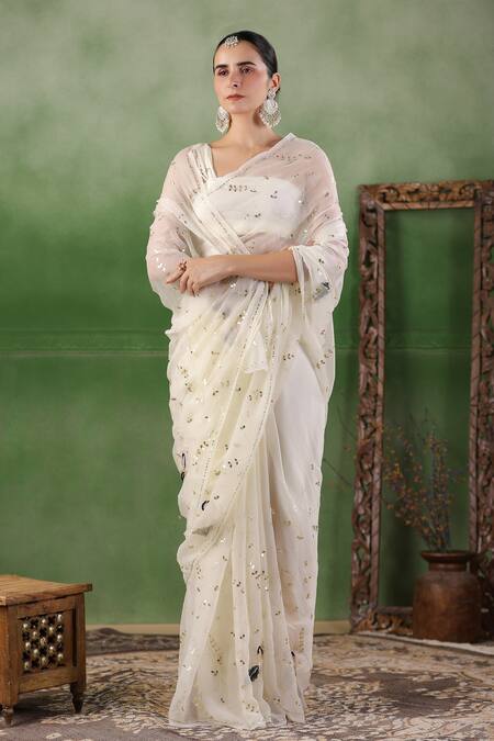 Buy Geroo Jaipur White Chiffon Embroidery, Gota Patti Hand Saree With Unstitched Blouse Piece Online at Aza Fashions Buy_Geroo Jaipur_White Chiffon Embroidery, Gota Patti Hand Saree With Unstitched Blouse Piece _Online_at_Aza_Fashions