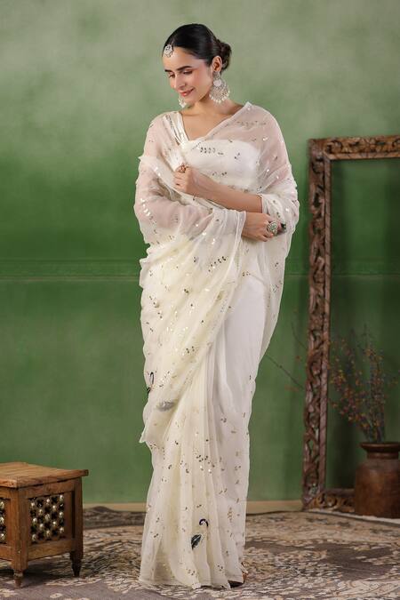 Shop Geroo Jaipur White Chiffon Embroidery, Gota Patti Hand Saree With Unstitched Blouse Piece Online at Aza Fashions Shop_Geroo Jaipur_White Chiffon Embroidery, Gota Patti Hand Saree With Unstitched Blouse Piece _Online_at_Aza_Fashions