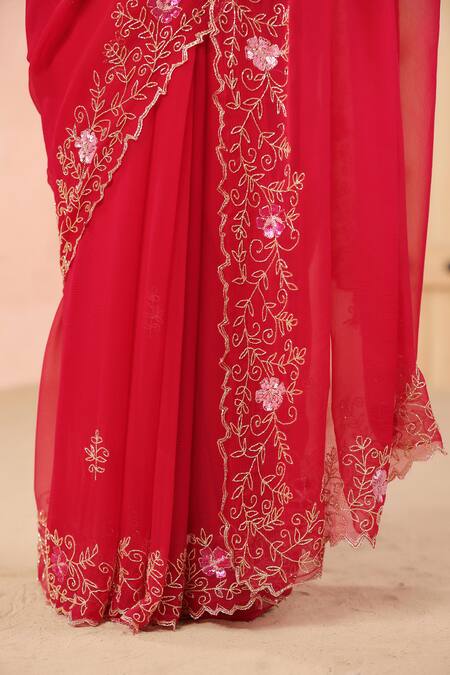 Shop Geroo Jaipur Pink Chiffon Flower Bloom Embroidered Saree With Unstitched Blouse Piece Online at Aza Fashions Shop_Geroo Jaipur_Pink Chiffon Flower Bloom Embroidered Saree With Unstitched Blouse Piece _Online_at_Aza_Fashions