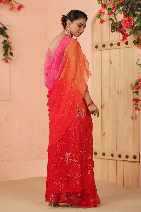 Shop Geroo Jaipur Orange Chiffon Ombre Mukaish Embroidered Saree With Unstitched Blouse Piece at Aza Fashions Shop_Geroo Jaipur_Orange Chiffon Ombre Mukaish Embroidered Saree With Unstitched Blouse Piece _at_Aza_Fashions