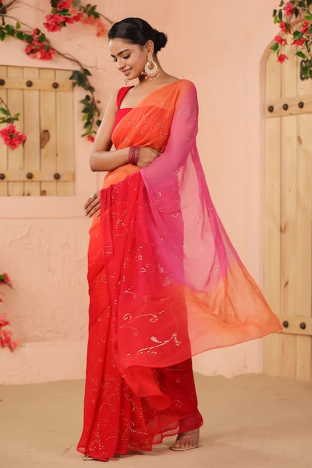 Shop Geroo Jaipur Orange Chiffon Ombre Mukaish Embroidered Saree With Unstitched Blouse Piece Online at Aza Fashions Shop_Geroo Jaipur_Orange Chiffon Ombre Mukaish Embroidered Saree With Unstitched Blouse Piece _Online_at_Aza_Fashions