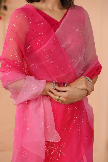 Shop Geroo Jaipur Pink Chiffon Mirrors Mukaish Embroidered Saree With Unstitched Blouse Piece Online at Aza Fashions Shop_Geroo Jaipur_Pink Chiffon Mirrors Mukaish Embroidered Saree With Unstitched Blouse Piece _Online_at_Aza_Fashions