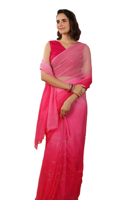 Shop Geroo Jaipur Pink Chiffon Mirrors Mukaish Embroidered Saree With Unstitched Blouse Piece Shop_Geroo Jaipur_Pink Chiffon Mirrors Mukaish Embroidered Saree With Unstitched Blouse Piece
