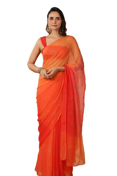 Geroo Jaipur Orange Chiffon Mukaish Jaal Embroidered Saree With Unstitched Blouse Piece Online at Aza Fashions Geroo Jaipur_Orange Chiffon Mukaish Jaal Embroidered Saree With Unstitched Blouse Piece _Online_at_Aza_Fashions