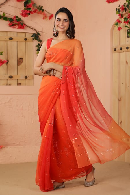 Shop Geroo Jaipur Orange Chiffon Mukaish Jaal Embroidered Saree With Unstitched Blouse Piece Online at Aza Fashions Shop_Geroo Jaipur_Orange Chiffon Mukaish Jaal Embroidered Saree With Unstitched Blouse Piece _Online_at_Aza_Fashions