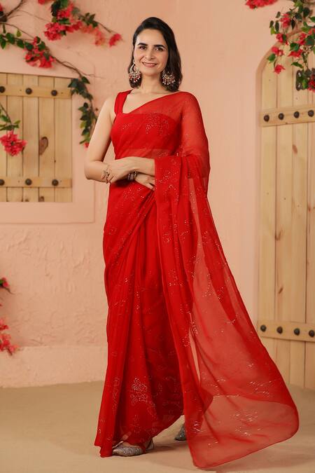 Geroo Jaipur Red Chiffon Mirrors Mukaish Jaal Embroidered Saree And Unstitched Blouse Piece Set Online at Aza Fashions Geroo Jaipur_Red Chiffon Mirrors Mukaish Jaal Embroidered Saree And Unstitched Blouse Piece Set _Online_at_Aza_Fashions