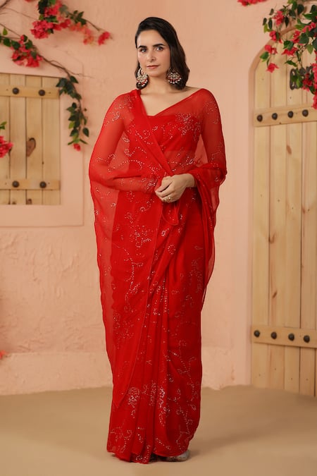 Shop Geroo Jaipur Red Chiffon Mirrors Mukaish Jaal Embroidered Saree And Unstitched Blouse Piece Set Online at Aza Fashions Shop_Geroo Jaipur_Red Chiffon Mirrors Mukaish Jaal Embroidered Saree And Unstitched Blouse Piece Set _Online_at_Aza_Fashions