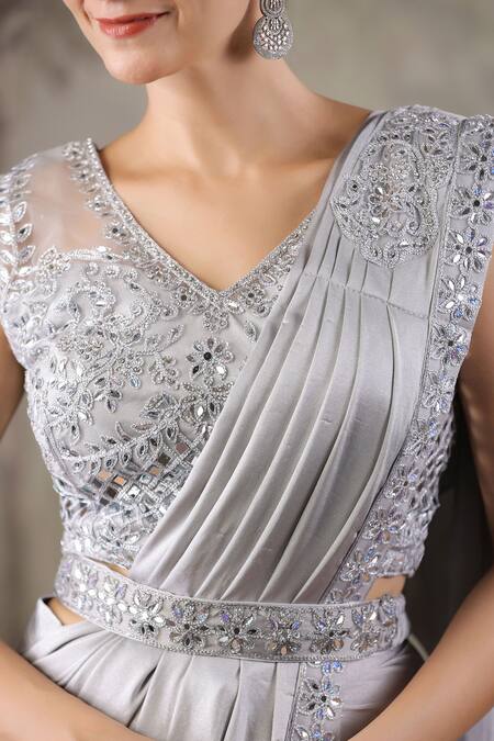 Buy_Geroo Jaipur_Grey Satin Embroidery, Mirrors V-neck Pre-stitched Saree And Floral Blouse Set_Online_at_Aza_Fashions