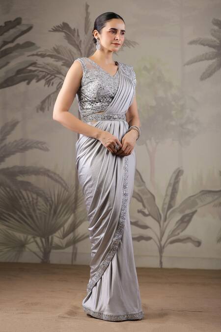Buy_Geroo Jaipur_Grey Satin Embroidery, Mirrors V-neck Pre-stitched Saree And Floral Blouse Set