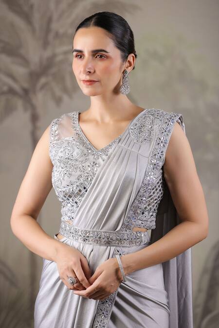 Shop_Geroo Jaipur_Grey Satin Embroidery, Mirrors V-neck Pre-stitched Saree And Floral Blouse Set