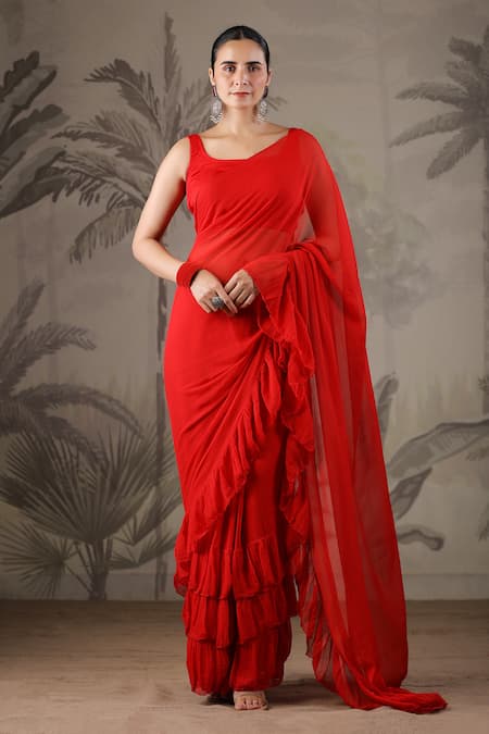 Geroo Jaipur Ruffled Saree With Unstitched Blouse Piece 