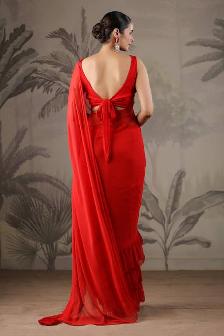 Geroo Jaipur Red Chiffon Ruffled Saree With Unstitched Blouse Piece Online at Aza Fashions Geroo Jaipur_Red Chiffon Ruffled Saree With Unstitched Blouse Piece _Online_at_Aza_Fashions