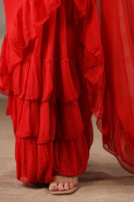 Shop Geroo Jaipur Red Chiffon Ruffled Saree With Unstitched Blouse Piece Online at Aza Fashions Shop_Geroo Jaipur_Red Chiffon Ruffled Saree With Unstitched Blouse Piece _Online_at_Aza_Fashions