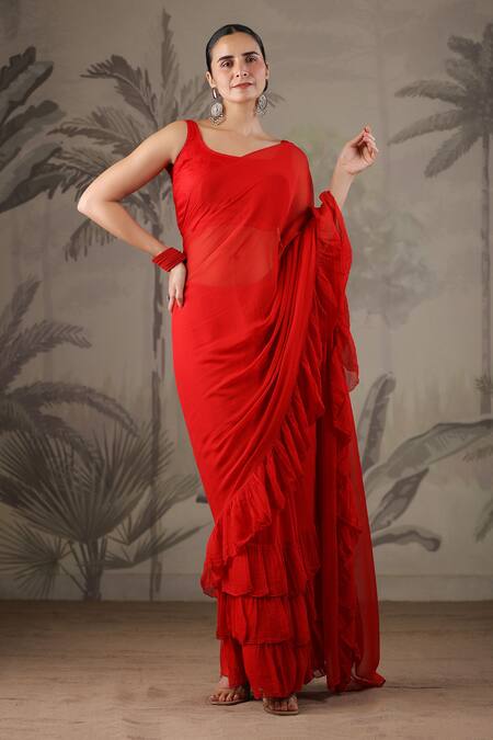 Geroo Jaipur Red Chiffon Ruffled Saree With Unstitched Blouse Piece at Aza Fashions Geroo Jaipur_Red Chiffon Ruffled Saree With Unstitched Blouse Piece _at_Aza_Fashions