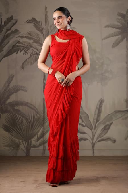 Buy Geroo Jaipur Red Chiffon Ruffled Saree With Unstitched Blouse Piece Buy_Geroo Jaipur_Red Chiffon Ruffled Saree With Unstitched Blouse Piece