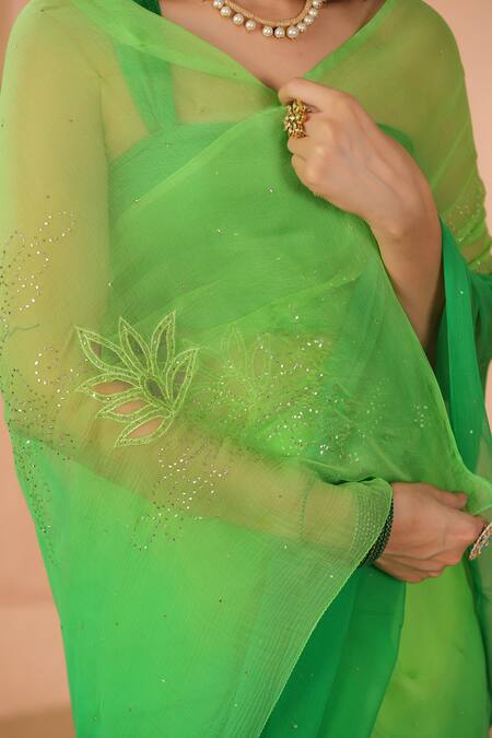 Shop Geroo Jaipur Green Chiffon Dual Tone Embroidered Saree With Unstitched Blouse Piece Online at Aza Fashions Shop_Geroo Jaipur_Green Chiffon Dual Tone Embroidered Saree With Unstitched Blouse Piece _Online_at_Aza_Fashions