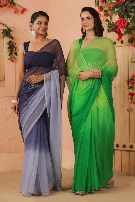 Geroo Jaipur Green Chiffon Dual Tone Embroidered Saree With Unstitched Blouse Piece at Aza Fashions Geroo Jaipur_Green Chiffon Dual Tone Embroidered Saree With Unstitched Blouse Piece _at_Aza_Fashions