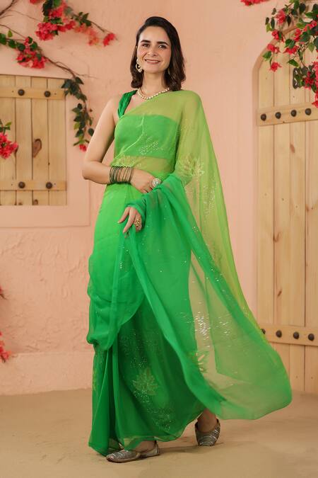 Shop Geroo Jaipur Green Chiffon Dual Tone Embroidered Saree With Unstitched Blouse Piece Shop_Geroo Jaipur_Green Chiffon Dual Tone Embroidered Saree With Unstitched Blouse Piece