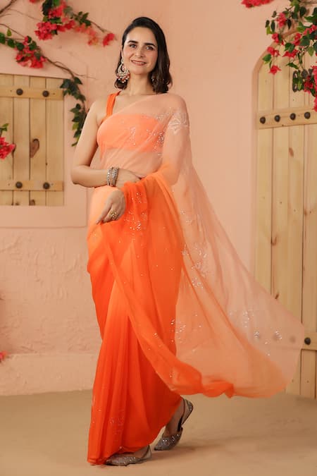 Geroo Jaipur Orange Chiffon Mirrors Ombre Embroidered Saree With Unstitched Blouse Piece Online at Aza Fashions Geroo Jaipur_Orange Chiffon Mirrors Ombre Embroidered Saree With Unstitched Blouse Piece _Online_at_Aza_Fashions