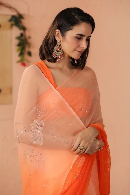 Geroo Jaipur Orange Chiffon Mirrors Ombre Embroidered Saree With Unstitched Blouse Piece at Aza Fashions Geroo Jaipur_Orange Chiffon Mirrors Ombre Embroidered Saree With Unstitched Blouse Piece _at_Aza_Fashions