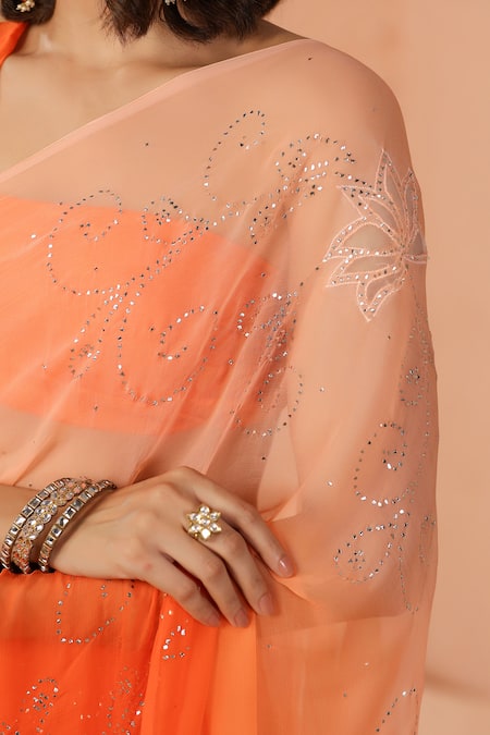 Shop Geroo Jaipur Orange Chiffon Mirrors Ombre Embroidered Saree With Unstitched Blouse Piece Shop_Geroo Jaipur_Orange Chiffon Mirrors Ombre Embroidered Saree With Unstitched Blouse Piece