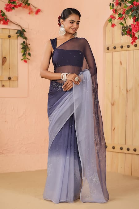 Geroo Jaipur Grey Chiffon Embroidery Floral Two Tone Saree With Unstitched Blouse Piece 