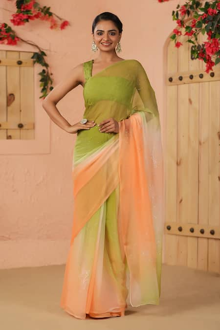 Geroo Jaipur Orange Chiffon Embroidery Two Tone Ombre Saree With Unstitched Blouse Piece 