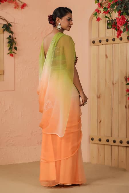 Shop Geroo Jaipur Orange Chiffon Embroidery Two Tone Ombre Saree With Unstitched Blouse Piece at Aza Fashions Shop_Geroo Jaipur_Orange Chiffon Embroidery Two Tone Ombre Saree With Unstitched Blouse Piece _at_Aza_Fashions