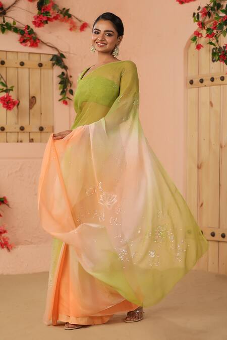 Buy Geroo Jaipur Orange Chiffon Embroidery Two Tone Ombre Saree With Unstitched Blouse Piece Online at Aza Fashions Buy_Geroo Jaipur_Orange Chiffon Embroidery Two Tone Ombre Saree With Unstitched Blouse Piece _Online_at_Aza_Fashions