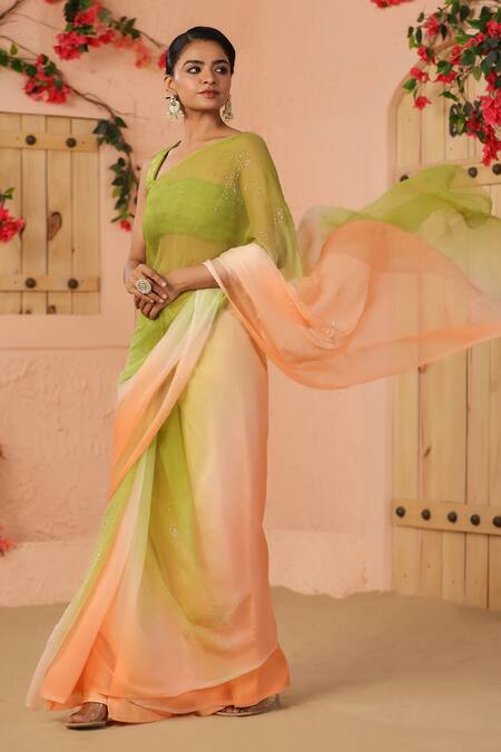 Shop Geroo Jaipur Orange Chiffon Embroidery Two Tone Ombre Saree With Unstitched Blouse Piece Online at Aza Fashions Shop_Geroo Jaipur_Orange Chiffon Embroidery Two Tone Ombre Saree With Unstitched Blouse Piece _Online_at_Aza_Fashions